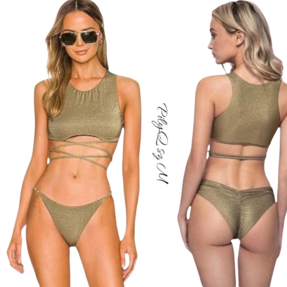 PQ Swim Euphoria Sydney Tie Bikini Set Gold Metallic NWT sz M